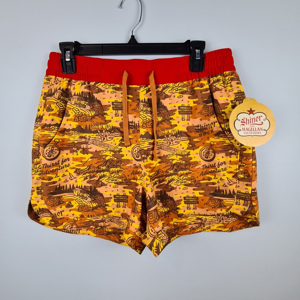Magellan Outdoors Shiner Bock Camo Shorts Womens Medium Orange Red Fish Gear